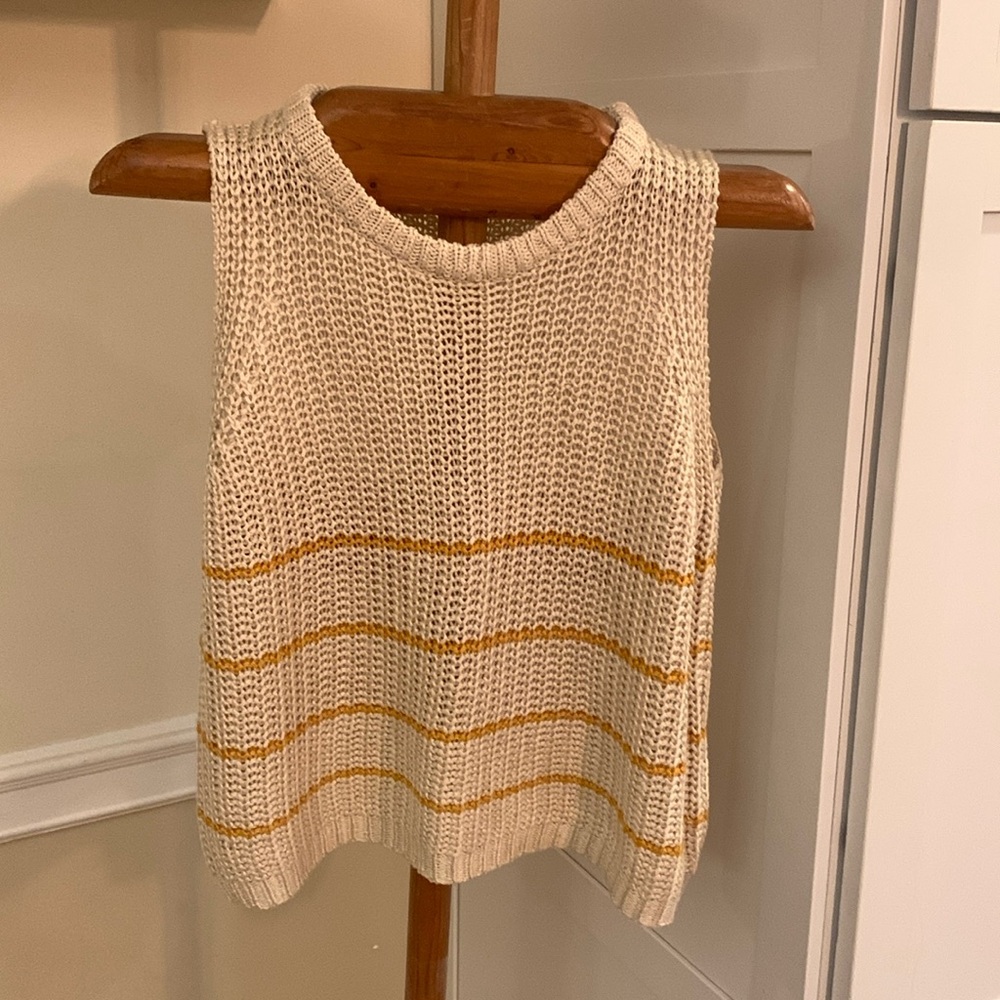 By Anthropologie  Crochet Beige Gold Stripe Sweater Vest S